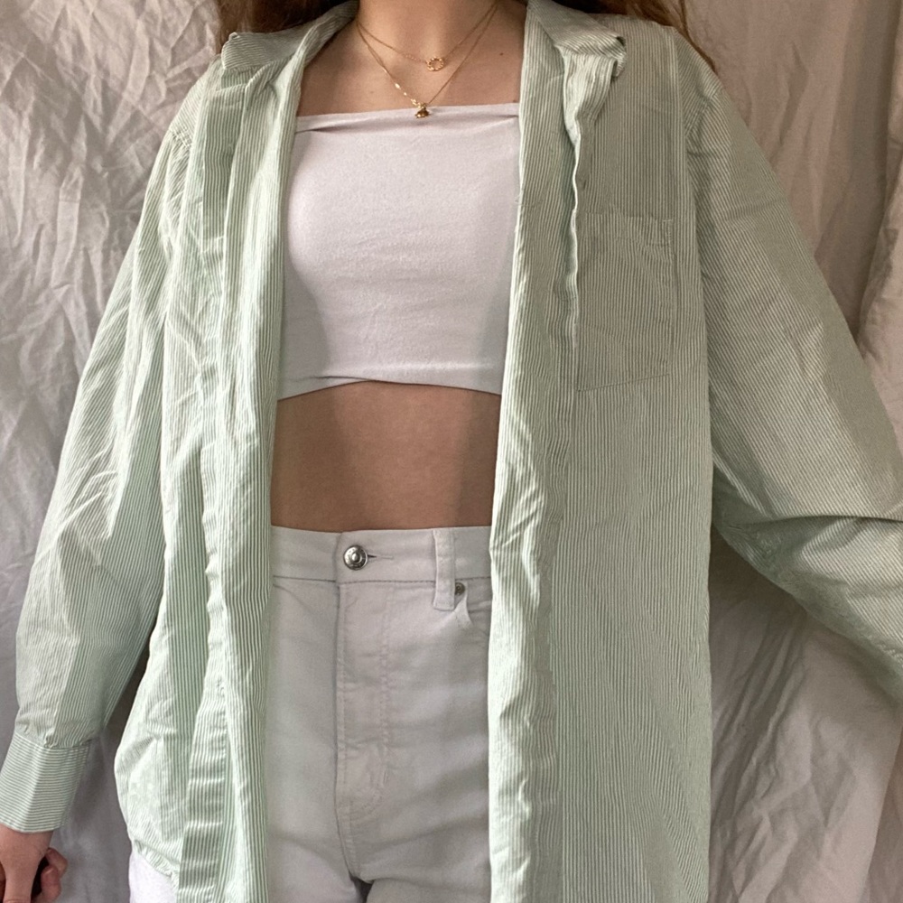 IZOD green white summer flowey button up top shirt size large coverup striped
